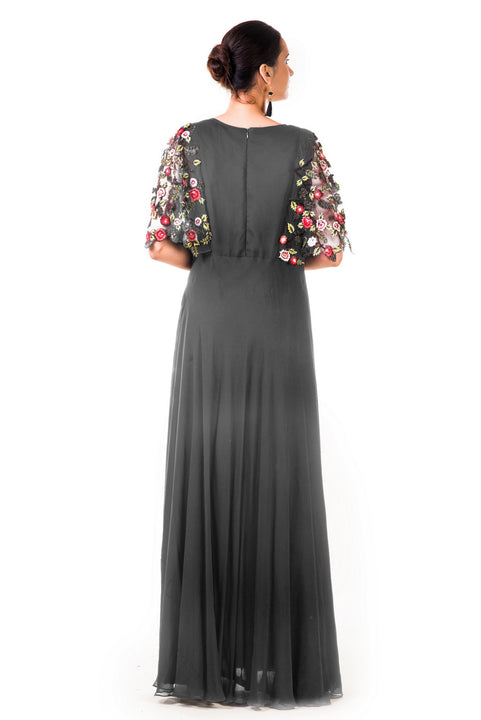 Grey Hand Embroidered Cape Style Gown