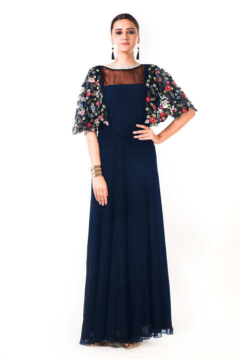 Midnight Blue Hand Embroidered Cape Style Gown