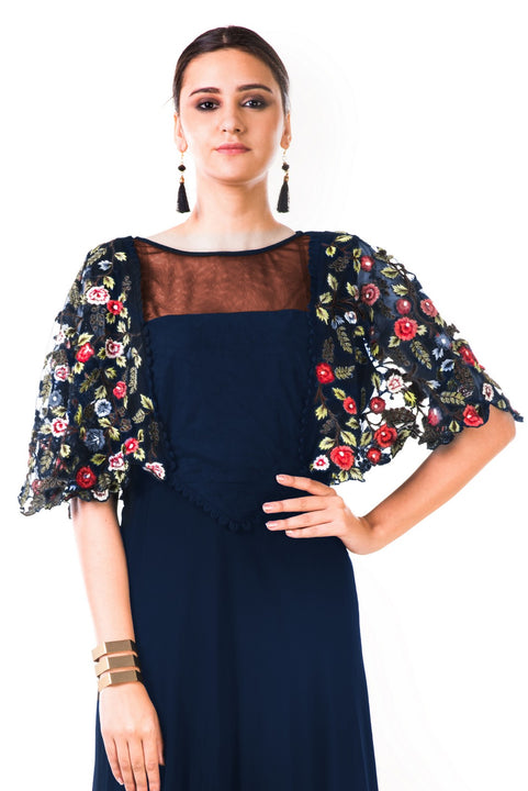 Midnight Blue Hand Embroidered Cape Style Gown