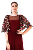 Maroon Hand Embroidered Cape Style Gown