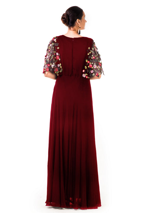 Maroon Hand Embroidered Cape Style Gown