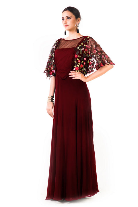 Maroon Hand Embroidered Cape Style Gown Saris and Things Maroon Hand Embroidered Cape Style Gown Saris and Things
