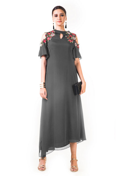 Grey Asymmetrical Hand Embroidered Cold Shoulder Dress Saris and Things Grey Asymmetrical Hand Embroidered Cold Shoulder Dress Saris and Things