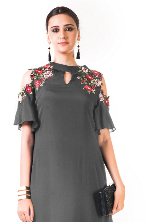 Grey Asymmetrical Hand Embroidered Cold Shoulder Dress Saris and Things Grey Asymmetrical Hand Embroidered Cold Shoulder Dress Saris and Things