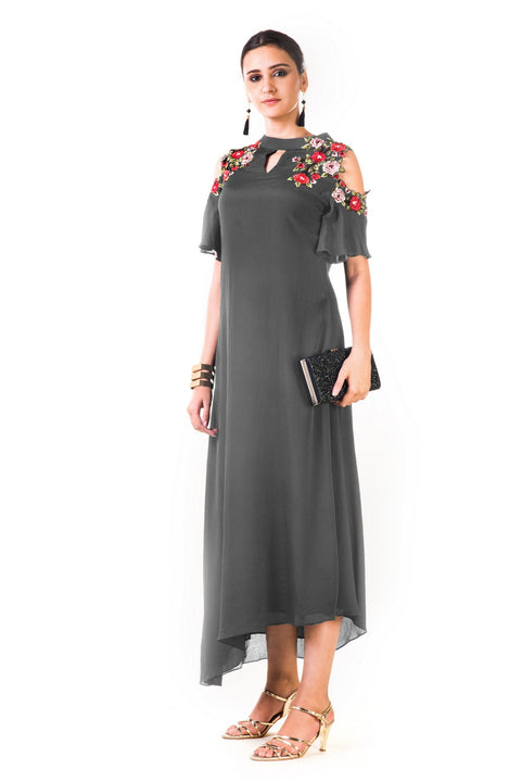 Grey Asymmetrical Hand Embroidered Cold Shoulder Dress