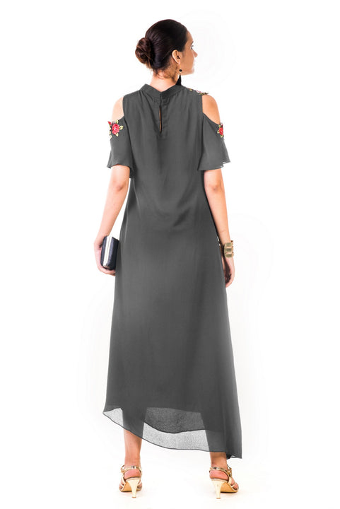 Grey Asymmetrical Hand Embroidered Cold Shoulder Dress