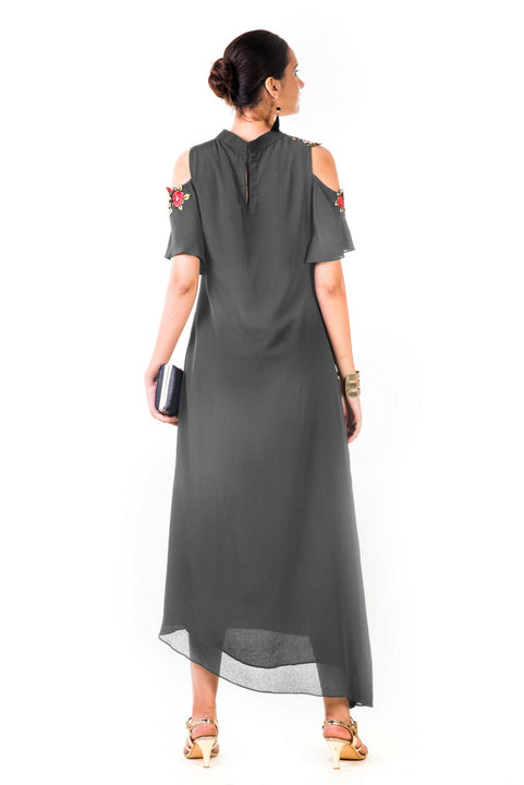 Grey Asymmetrical Hand Embroidered Cold Shoulder Dress Saris and Things Grey Asymmetrical Hand Embroidered Cold Shoulder Dress Saris and Things