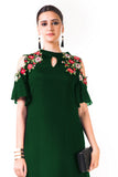 Bottle Green Asymmetrical Hand Embroidered Cold Shoulder Dress