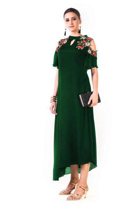 Bottle Green Asymmetrical Hand Embroidered Cold Shoulder Dress