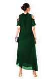 Bottle Green Asymmetrical Hand Embroidered Cold Shoulder Dress