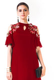 Maroon Asymmetrical Hand Embroidered Cold Shoulder Dress