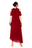Maroon Asymmetrical Hand Embroidered Cold Shoulder Dress