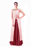 Embroidered Blush Pink Overlapped Crop Top With Maroon Palazzo Pant