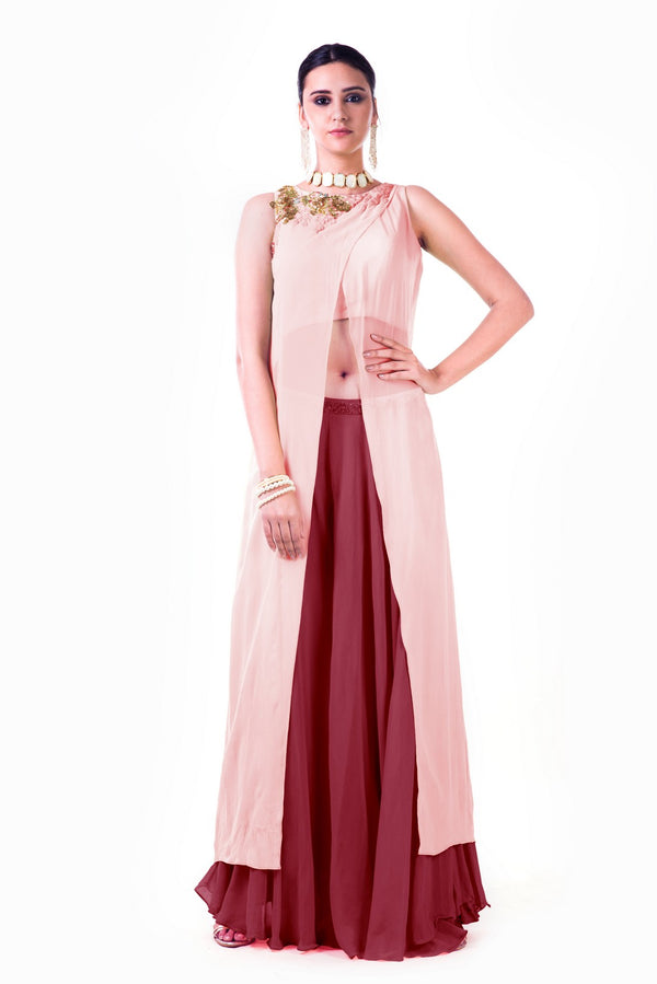 Embroidered Blush Pink Overlapped Crop Top With Maroon Palazzo Pant