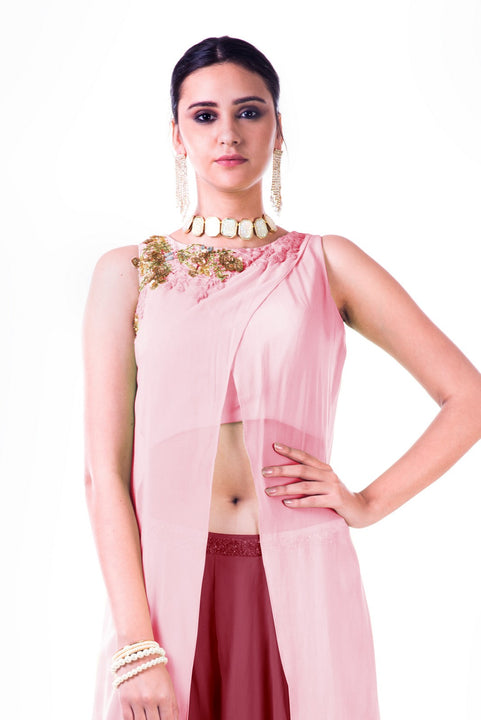 Embroidered Blush Pink Overlapped Crop Top With Maroon Palazzo Pant