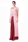 Embroidered Blush Pink Overlapped Crop Top With Maroon Palazzo Pant