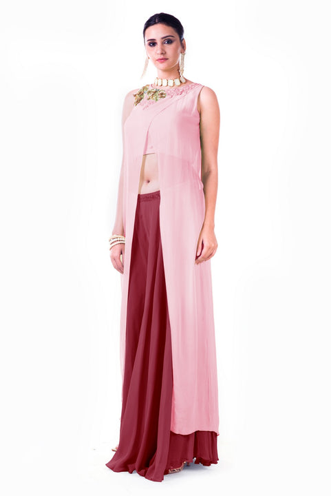 Embroidered Blush Pink Overlapped Crop Top With Maroon Palazzo Pant