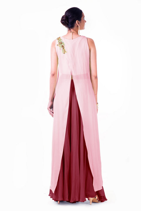 Embroidered Blush Pink Overlapped Crop Top With Maroon Palazzo Pant