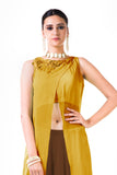 Embroidered Mustard Overlapped Crop Top With Brown Palazzo Pant