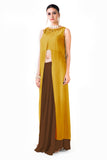 Embroidered Mustard Overlapped Crop Top With Brown Palazzo Pant