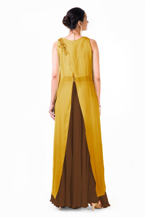 Embroidered Mustard Overlapped Crop Top With Brown Palazzo Pant