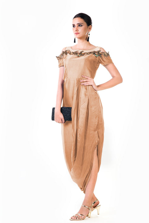 Beige Hand Embroidered Cold Shoulder Draped Gown