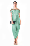 Mint Green Hand Embroidered Cold Shoulder Draped Gown