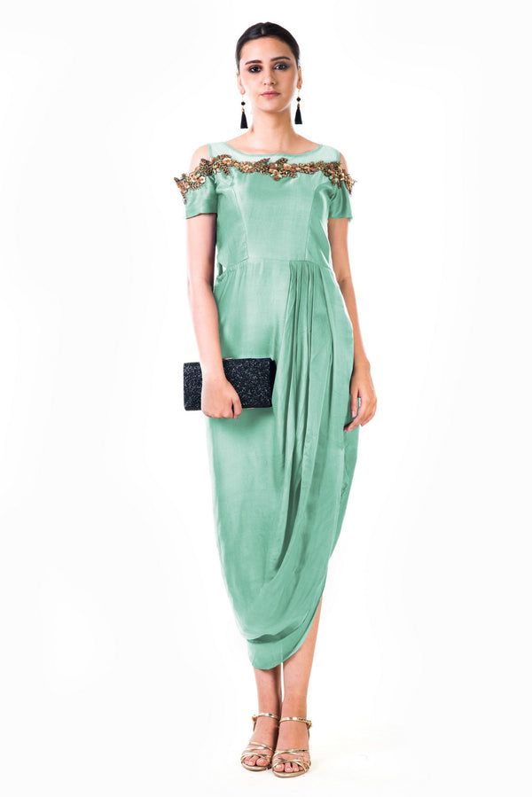 Mint Green Hand Embroidered Cold Shoulder Draped Gown