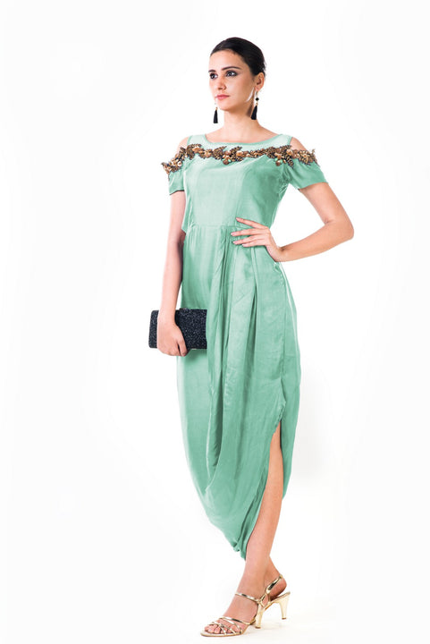 Mint Green Hand Embroidered Cold Shoulder Draped Gown