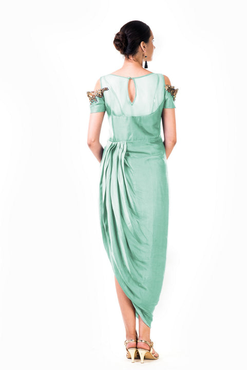 Mint Green Hand Embroidered Cold Shoulder Draped Gown