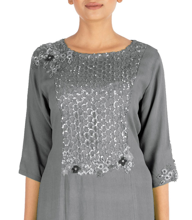 Hand Embroidered Charcoal Grey Long Tunic With Front Slits