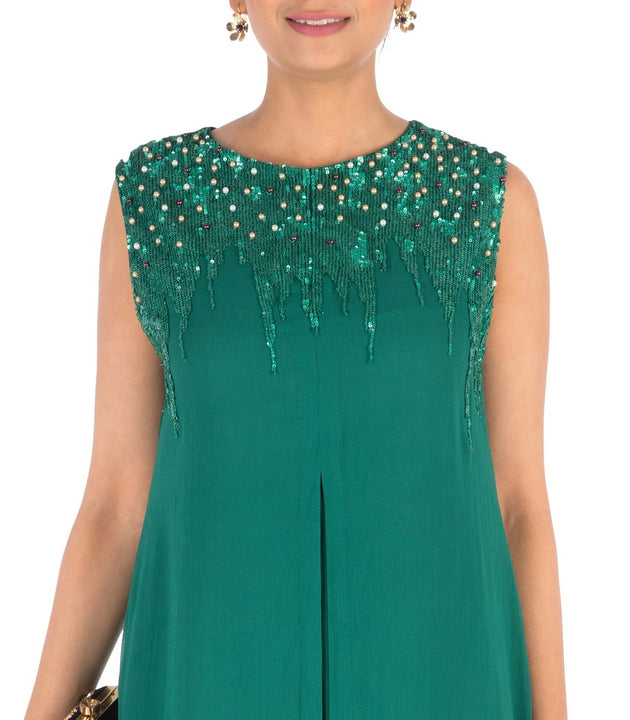 Hand Embroidered Dark Green Double Layer Tunic