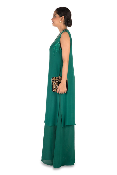 Hand Embroidered Dark Green Double Layer Tunic