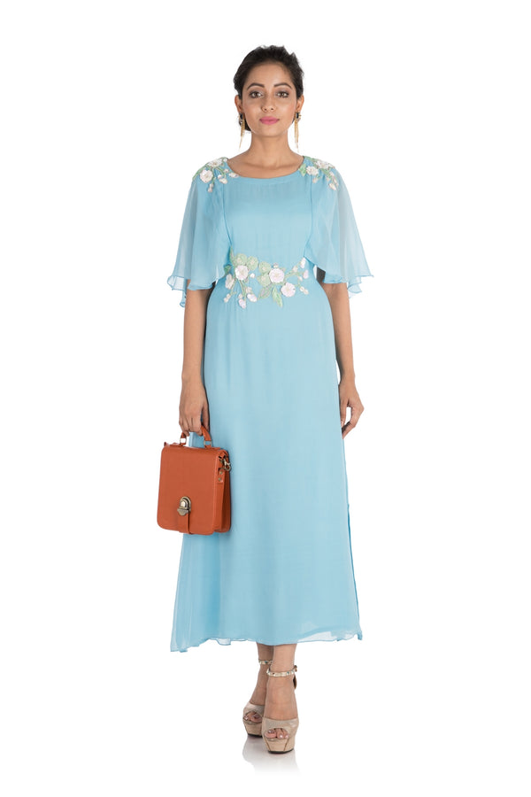 Hand Embroidered Sky Blue Tunic With Cape Sleeves