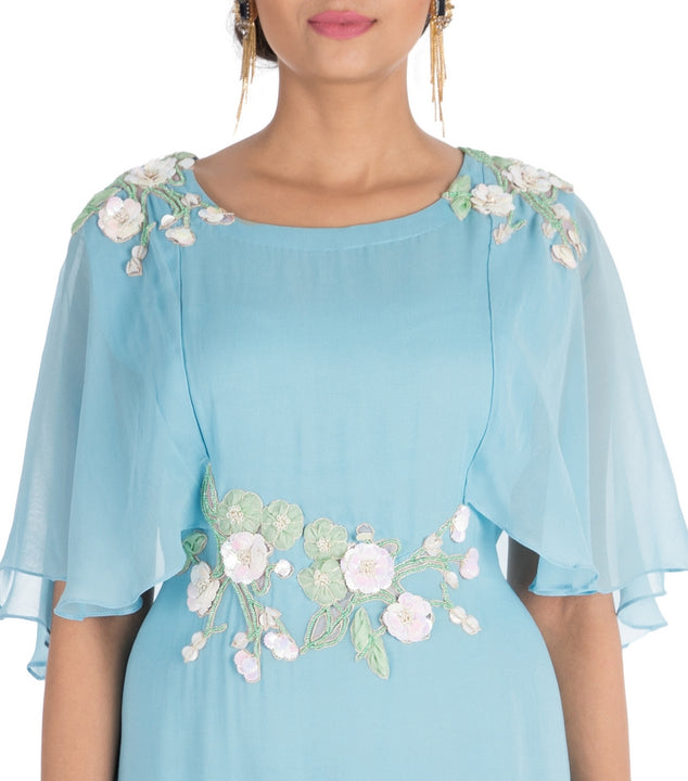 Hand Embroidered Sky Blue Tunic With Cape Sleeves