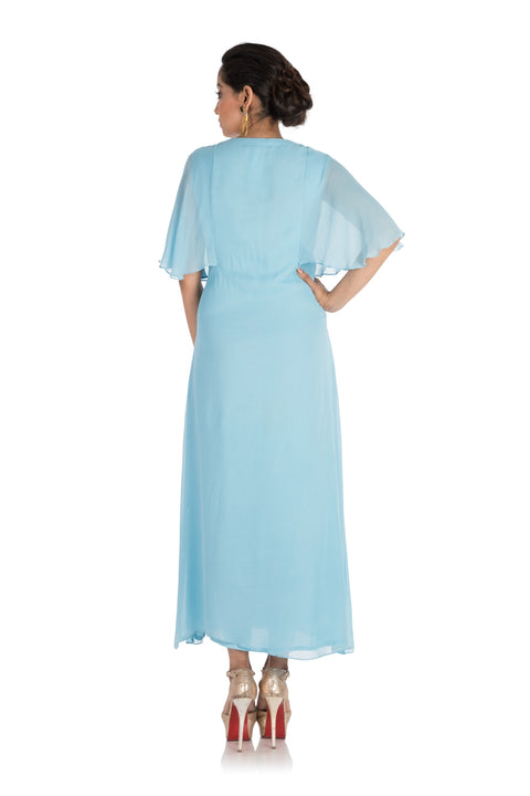 Hand Embroidered Sky Blue Tunic With Cape Sleeves