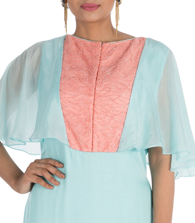 Hand Embroidered Aqua Blue Tunic With Cape Sleeves
