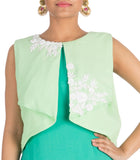 Hand Embroidered Light Bottle Green Tunic With Mint Green Pleated Yoke