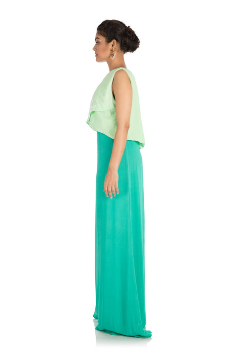 Hand Embroidered Light Bottle Green Tunic With Mint Green Pleated Yoke