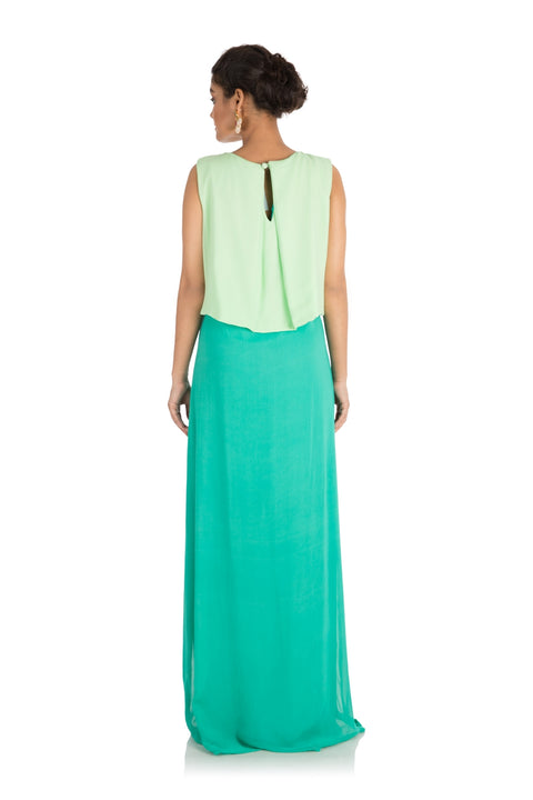 Hand Embroidered Light Bottle Green Tunic With Mint Green Pleated Yoke