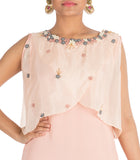 Hand Embroidered Powder Peach Tunic With Overlaped Cape