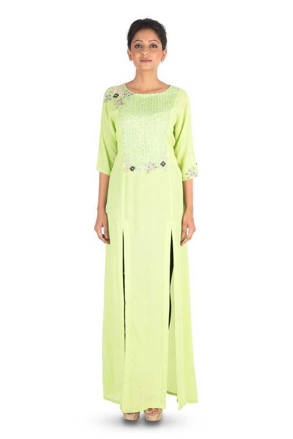 Hand Embroidered Parrot Green Long Tunic With Front Slits