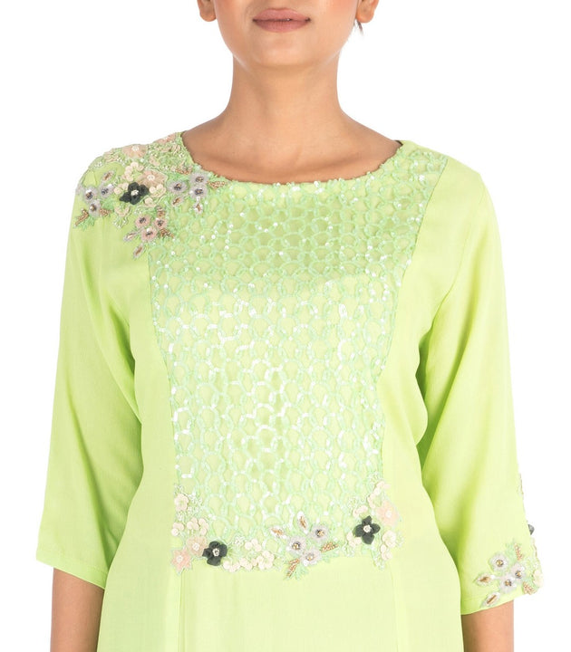 Hand Embroidered Parrot Green Long Tunic With Front Slits