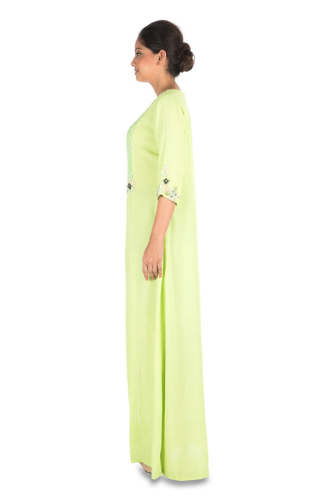 Hand Embroidered Parrot Green Long Tunic With Front Slits