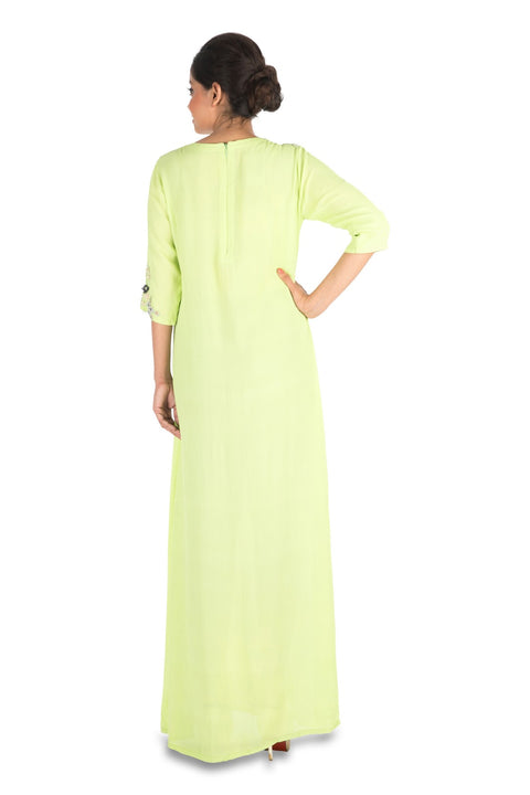 Hand Embroidered Parrot Green Long Tunic With Front Slits