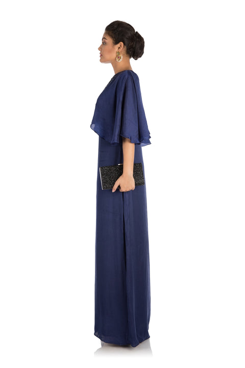 Hand Embroidered Midnight Blue Tunic With Cape Sleeves