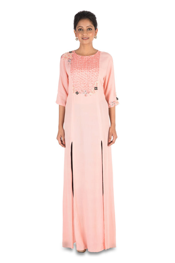 Hand Embroidered Pale Pink Long Tunic With Front Slits