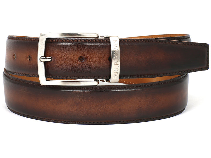 PAUL PARKMAN Men's Leather Belt Hand-Painted Brown and Camel (ID#B01-BRWCML) (L)