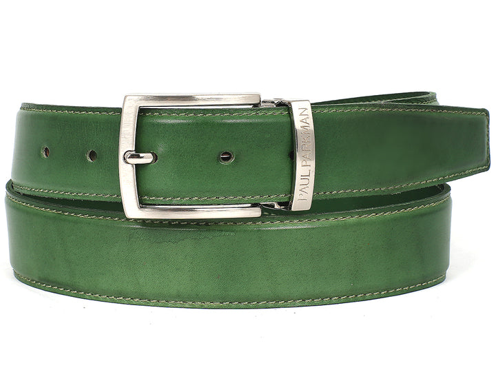 PAUL PARKMAN Men's Leather Belt Hand-Painted Green (ID#B01-LGRN) (M)