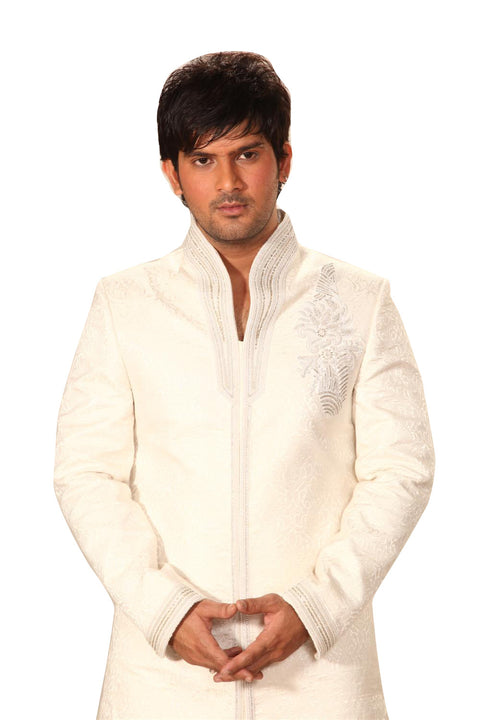 Saris and Things Highneck White Indo-Western Sherwani for Men BL1009SNT